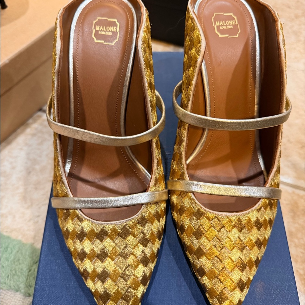 Malone Souliers Gold Woven  Pointed Mary-Jane Pumps